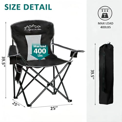 SAILARY 2PCS Folding Camping Chair Portable Outdoor Heavy Duty Padded Chairs Lawn Chair with Cup Holder, Storage Pocket and Cooler Bag, Supports 480LBS Black - Thumbnail 3
