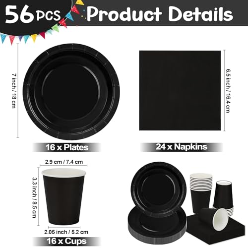 MestectPET 56 Pcs Black Party Tableware Set, Paper Plates Cups and Napkins for 16 Guests, Dinnerware Set for Graduation Wedding Birthday Baby Shower Party Holiday Table Decorations Supplies