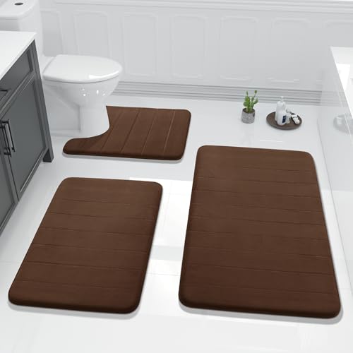 Yimobra 3 Pieces Memory Foam Bath Mat Set with U-Shaped Toilet Rug - Non Slip Super Soft Absorbent Quick Dry Bathroom Rugs for Bathtub, Vanity & Toilet Base, Brown by Yimobra - Used condition - US$34.44