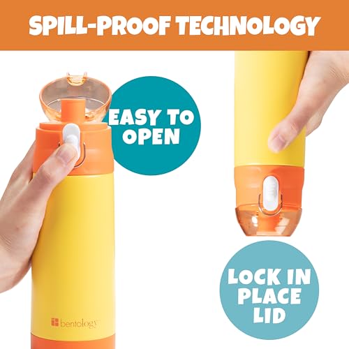Image of Bentology Stainless Steel 13 Oz Reusable Water Bottle for Kids, Yellow | Double Wall Insulated, Spill Proof Lid W /Built-in Straw- Keep Liquids Hot or Cold- Easily Fits in Lunch Boxes & Bags