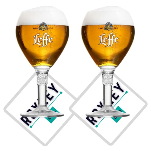 Roxley Leffe - Juego de 2 vasos nucleados de media pinta de 33 cl, también vienen con 2 alfombrillas de bar de la marca Lager Beer Glass Man Cave, fabricado en Reino Unido