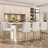Ollega 24' Counter Height Bar Stools Set of 4, White Counter Stools with Back and Gold Metal Frame, Modern Luxury Barstools with Footrest, Upholstered PU Leather Bar Chairs for Kitchen Island