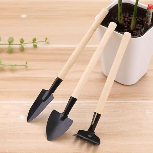 KARLOR 3 Small Garden Tool Set, Wooden Handle Planting Tools Mini Spade Soil Shovel Rake for Indoor Plants Succulents Potted Plants Mini Shovel Garden Spade For Loosening Repotting