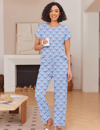 Image of Ekouaer Pajama Sets for Women Round Neck Pjs Short Sleeve Sleepwear with Long Pants Loose Lounge Sets