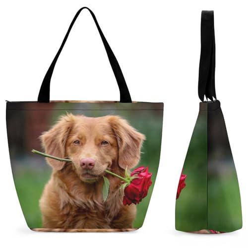Sac de shopping Chien et Rose grand cabas fourre-tout pour femme