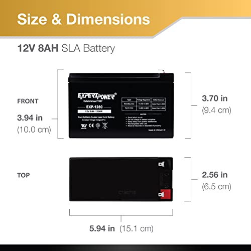 Image of ExpertPower EXP1280-12V 8AH SLA AGM Rechargeable 12V Battery for Ride on Toys, APC Backup UPS Battery Replacement, 12 Volt Batteries for Alarm, Replaces UB1280 with F2 Terminals (Pack of 3)