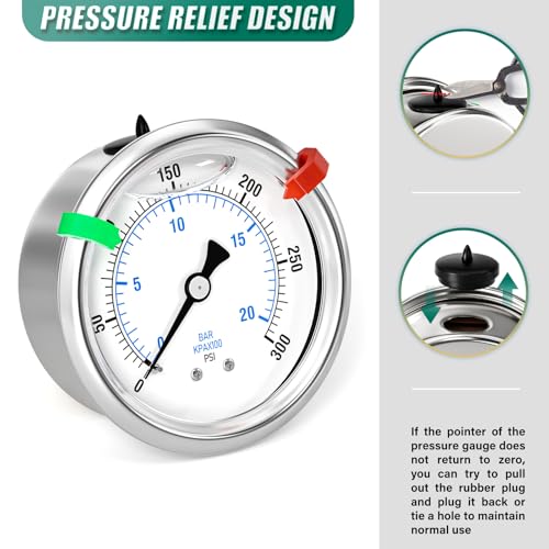 Image of 0-300psi Stainless Steel Glycerin Liquid Filled Pressure Gauge 1 /4 inch NPT 2.5 inch Face Dial Center Back Mount, for Water, Oil and Air Pressure Testing (with Range Mark Pointer)