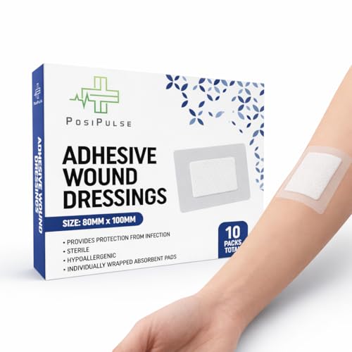 Posi Pulse 80mm x 100mm Adhesive Wound Dressings - 10 Packs for Protection from Infection Sterile Individually Wrapped Hypoallergenic Breathable Absorbent for Cuts Grazes Ulcers Sores