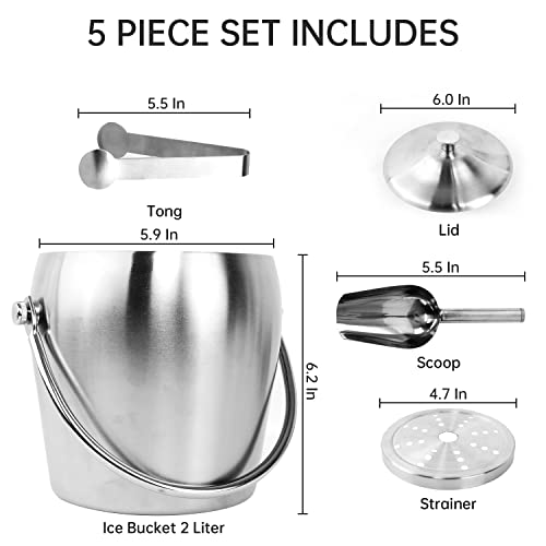 Hassol 2L Ice Bucket With Lid, Tongs, Scoop And Strainer, Premium For Parties, Cocktail Bar, Champagne, Wine, Chilling, Perfect For Bar Accessories For The Home Bar To Freezer, Stainless Steel Bucket #TOP3