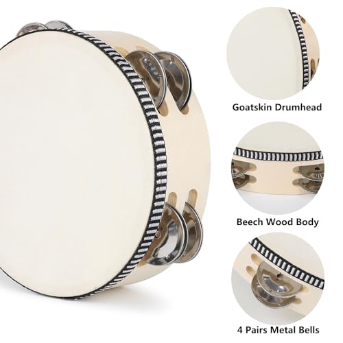 LIEKE Tambourine for kids,6 Inch Goatskin Drumhead Hand Held Drum with 4 Pairs Double Row Metal Jingles for Church Music Classroom Dance Party Game Props (6 inch) - Image 2