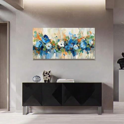 Peinture de paysage de fleurs bleues sur toile premium décoration 30x60cm