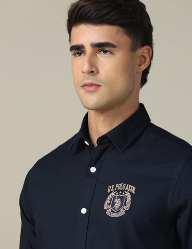 Image of U.S. Polo ASSN. Solid Tailored Fit Shirt for Men - 100% Cotton, Breathable & Comfortable, Full Sleeves Casual Shirt for Men