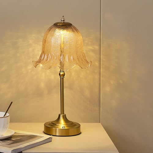 Image of AoLa LED Table Lamp Rechargeable Dimmable, Wireless Desk Lamp with Touch Control and Flower Glass Lampshade Bedside Lamp Gold Vintage Night Light Decorative Lamp for Living Room Bedroom Dining Room