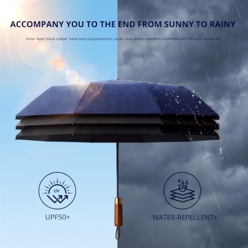 Image of ginoya brothers 3-Fold Folding Travel Umbrella with Wooden Handle Automatic Open & Close UV Protection Umbrella for Men & Women Compact Windproof Sun & Rain Protection