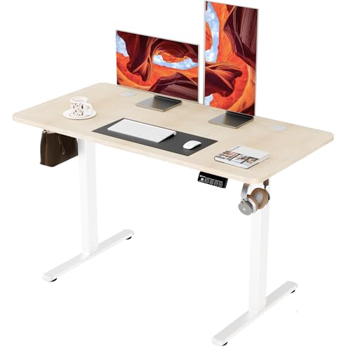 Image of ERGOMAKER Electric Standing Desk 120x60cm (47.2 inchx23.6 inch), Height Adjustable Sit Stand Desk with Splice Board for Home Office, Computer Desk Memory Preset (White Frame + Golden Oak Desktop)