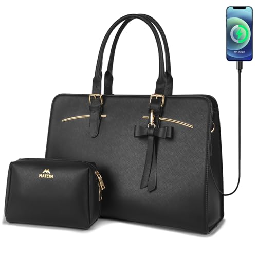 MATEIN - Bolsa para portátil para mujer, 15.6 pulgadas, grande, impermeable, de piel sintética, con puerto de carga USB, bolsa de hombro para mujer, con monedero, 2 unidades, color negro