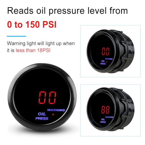WATERWICH 2" 52mm Oil Pressure Gauge Kit for Car Truck Marine Vehicle Automotive Red - Thumbnail 2