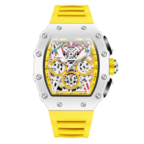 Imagen de RORIOS Relojes de Pulsera Tonneau para Hombres Reloj Moda Analógico Cuarzo Relojes Deportivo Correa de Silicona Reloj Luminoso Fecha Amarillo