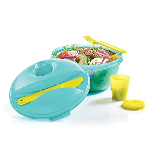 Tupperware Salad on the Go Set Lunch Keeper 6.25 Cup Bowl, Fork, Knife and Midget Blue Green