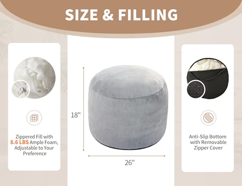 Boho Ottoman Living Room Furniture 26"x18" Large Round Ottomans Pouf Couch Foot Rest Grey Pouf Ottoman Foot Rest with Foam Chunk Filling Pouffe Ottomans Stuffed Foot Rest Poufs for Couch - Thumbnail 2