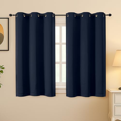 Image of Simplebrand Navy Blue Room Darkening Curtains for Bedroom 45 Inches Long 2 Panels Set, Sunlight Blocking Curtains for Small Windows, Grommet Energy Saving Thermal Insulated Short Drapes, 40Wx45L