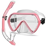 Snorkel Mask Set Snorkeling Gear – Dry Snorkel Set and Mask Kids Adults Anti Fog 180 Degree Seaview with Mesh Bag, Scuba Diving Swimming Training Equipment Youth Junior Men Womens (Pink, Adults)