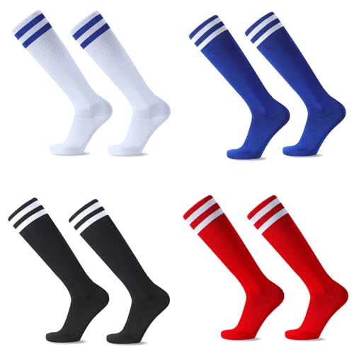 VEGCOO 4 Pairs Kids Football Socks, Children Long Sports Socks, Breathable Anti-slip Soccer Socks for Kids Aged 5-12 Running Hockey Football Rugby Training, 4 Colors