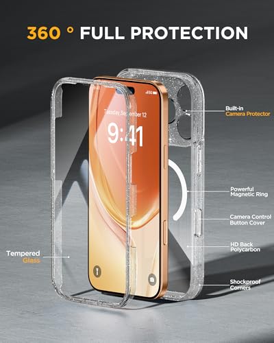 Image of Miracase Magnetic for iPhone 17 Pro Case 6.3 inch [Compatible with MagSafe] Full-Body Phone Case with Built-in Glass Screen Protector & Camera Control,Drop Proof iPhone 17 Pro Cover, Clear Glitter