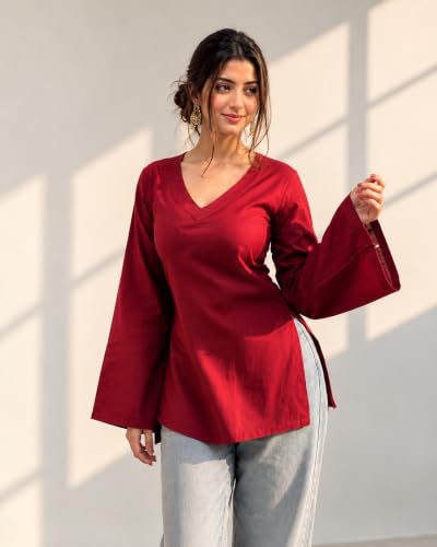 Image of Women's Cotton Short Kurti Black Solid Plain V Neck Full Bell Sleeve Casual Stylish Short Kurta for Women for Jeans Daily Girl Top