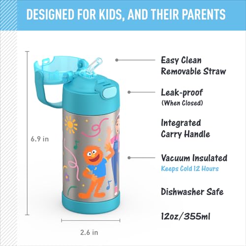 Image of THERMOS FUNTAINER Water Bottle with Straw - 12 Ounce - Kids Stainless Steel Vacuum Insulated Water Bottle with Lid, Ms. Rachel