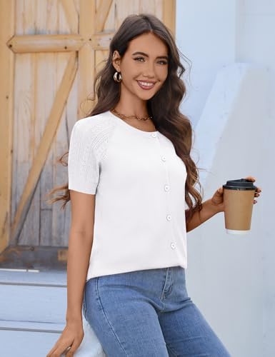 Image of FreshNight Women's 2025 Short Sleeve Cardigan Button Up Hollowed Out Crewneck Shrug Sweaters Knit Sweater Tops Lightweight