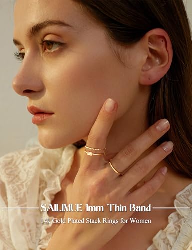sailimue Gold Stackable Rings for Women Non Tarnish - 14K Gold Plated Waterproof Thin Band Ring Set - 1mm Minimalist Stainless Steel Silver Stacking Dainty Trendy Statement Thumb Rings Size 5-112