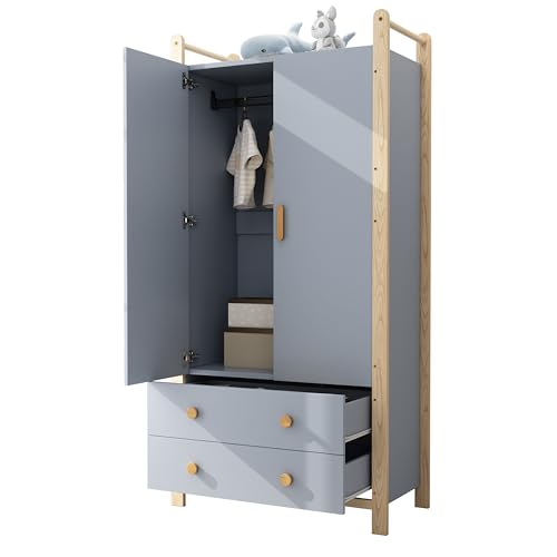 Armadio a 2 ante, 90 × 45 × 180 cm, con asta, 2 cassetti, per camera da letto, soggiorno, guardaroba, in truciolato, corpo bianco + cornice in pino (grigio)