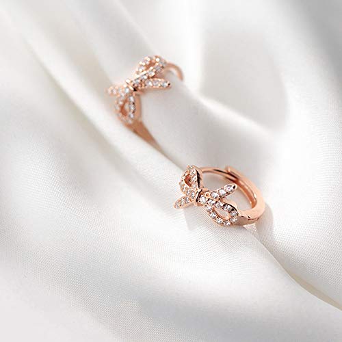 Chic Bow Knot Small Hoop Earrings S925 Sterling Silver For Women Teen Girls Dainty Crystal Cz Rhinestone Butterfly Round Huggie Hinged Hoops Cartilage Earring 10Mm Hypoallergenic Gifts (Rose Gold) #TOP3