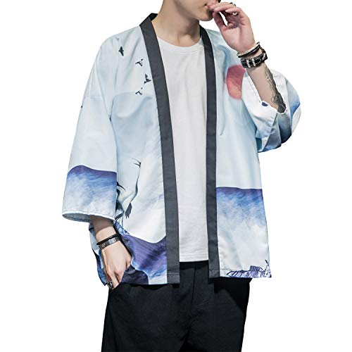 Image of Men's Japanese Kimono Robe Jacket Lightweight 3 /4 Sleeve Open Front Yukata | Silky Smooth Fashion Print Happi Coat Lightweight Breathable Loose Unisex Haori Casual Summer Cardigan Daily Beach Vacation