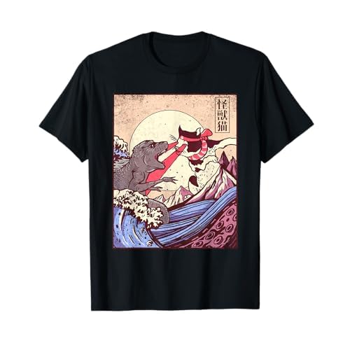 Vintage Retro Japanese Great Wave Cat Vs Monster Otaku Manga Camiseta