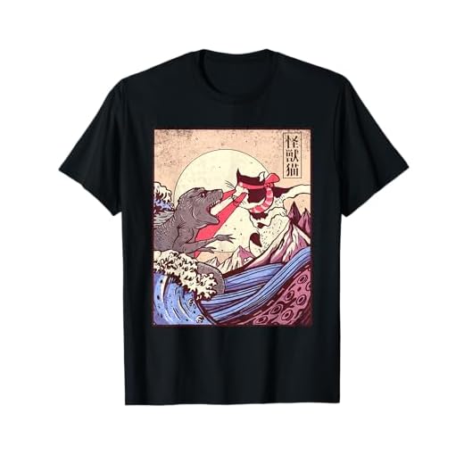 Vintage Retro Japanese Great Wave Cat Vs Monster Otaku Manga Camiseta