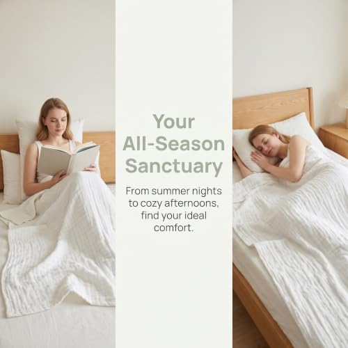Image of SANACYNA King 100% Cotton Muslin Blanket for All Seasons 6-Layer Gauze | Breathable, Soft & Lightweight, Pure White, Crinkle Texture, for Bed, Couch, Throw, Shawl, Outdoor Use Travel