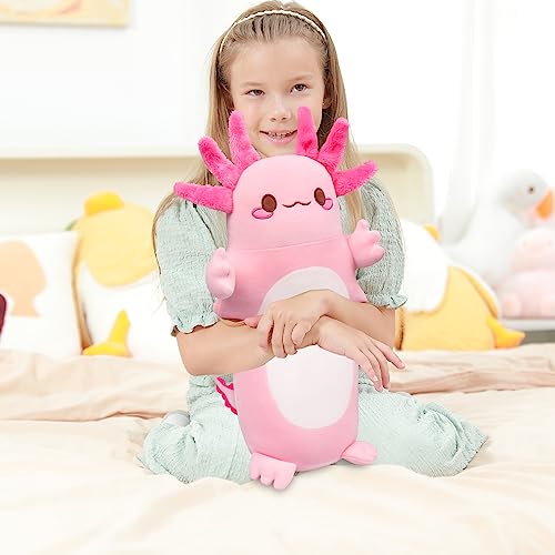 Image of Auspicious beginning 20 inch Cute Axolotl Stuffed Animal Plush Pillow, Soft Kawaii Cat face Pink Axolotl Body Pillow Long Plush Doll Standing Hugging Pillow Toys for Kids Children Adults Gifts