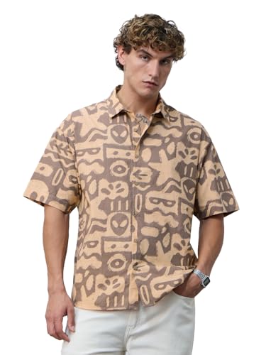 Image of The Souled Store Oversized Shirt: Marine Men and Boys Short Sleeves Collared Neck Button Front Brown All Over Printed Cotton Oversized Shirts