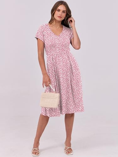 Image of ANRABESS Women Summer Dress Casual Short Sleeve V Neck A-Line Knee Length Pleated Flowy 2026 Fashion Midi Dresses with Pocket
