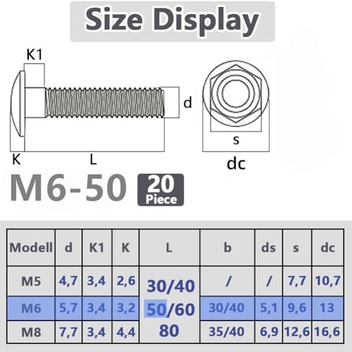 Miniatura 2 de Shunchg 20 Piezas Tornillos De Cabeza Redonda Plana Tornillos Perno De Carruaje M6x50 Galvanizados Con Tuerca Hexagonal Brida Acero Al Carbono