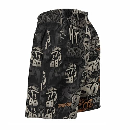 Mens Vintage Graffiti Swim Trunks Swim Shorts Quick Dry Inseam Beach Shorts with Compression Liner and Pocket, Black4