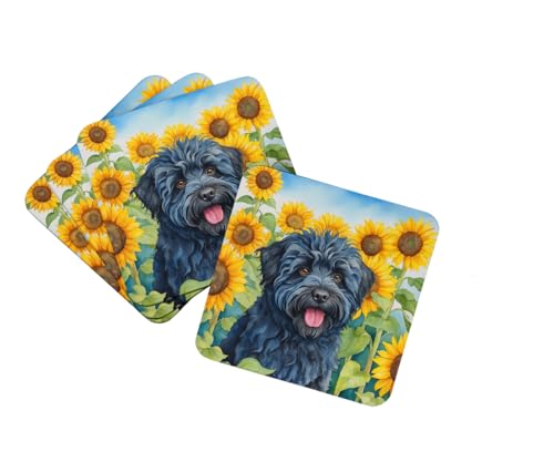 Caroline's Treasures Puli in Sunflowers Foam Coasters Set of 4 Cup Coasters for Indoor Outdoor, Tabletop Protection, Anti Slip, Mouse pad Material
