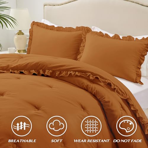 Image of HARBOREST King Comforter Set Burnt Orange - Ruffle Comforter for King Size Bed, Fluffy King Size Comforter Set for All Seasons, 3 Pieces (1 Comforter & 2 Pillow Shams)