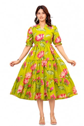 Image of Dress for Women | One Piece for Women | Long Stylish Women Dress Fit & Flare Maxi Dress, Cotton Summer Calf Length Dress