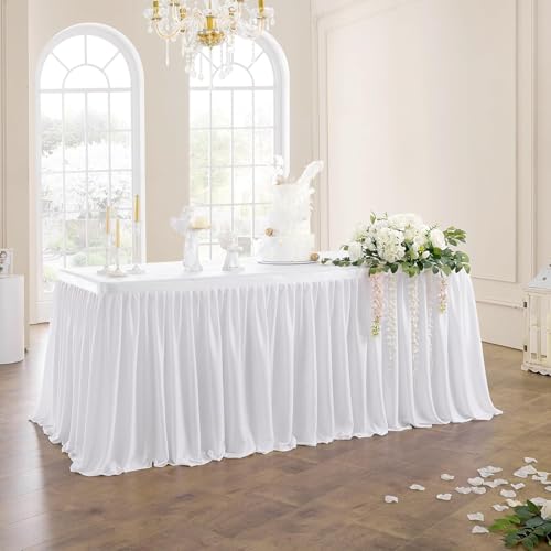 640cm White Polyester Table Skirts for Rectangle Tables, Wrinkle Free Ruffle Pleats Cloth Tutu Table Skirt 21ft for Banquet Wedding Birthday Baby Shower Trade Meeting Cake Dessert Tables(No Top Cover)