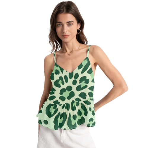 Caraco décontracté col en v top été femme bretelles réglables léopard vert menthe