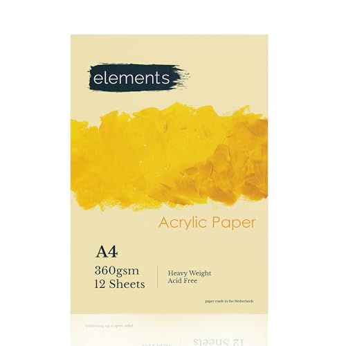 Elements A4 Acrylic Paper for Painting – 12-Sheet Acrylic Pad for Water-Based Paint, Gouache, and Inks – No Acid 360gsm (165lb) Painting Paper, Glue-Bound Artist Pad, Paint Book for Artists
