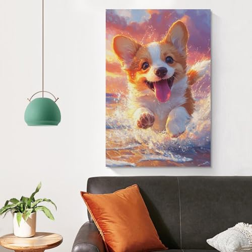 Décoration Murale Corgi Tableau Toile Salon Moderne 50x75cm